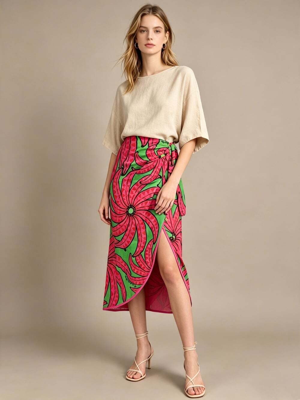 NWOT Farm Rio Linen Blend Pink and Green Banana Print Wrap Midi Skirt Size S